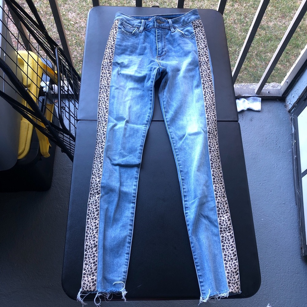 Joes Leopard ribbon accent blue skinny jeans with frayed hem